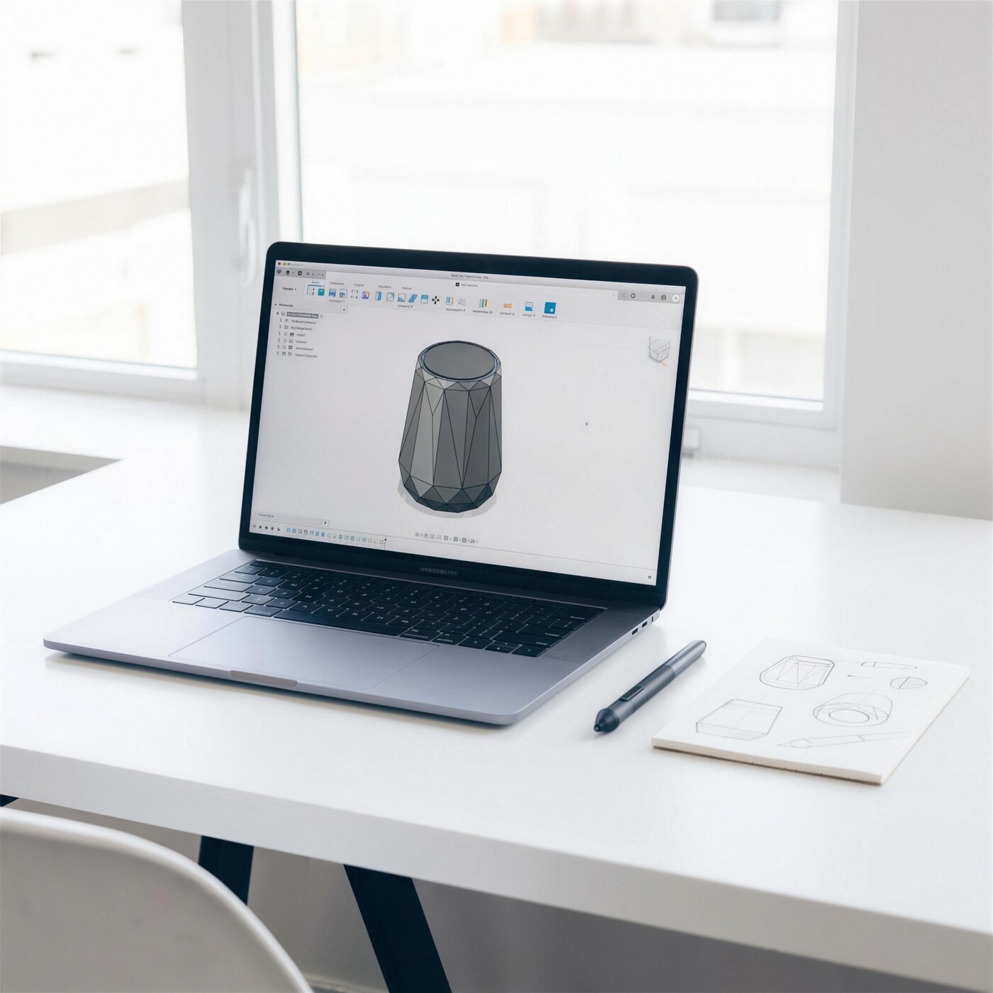 Laptop mit CAD-Software und Skizzenbuch – Design & Modellierung