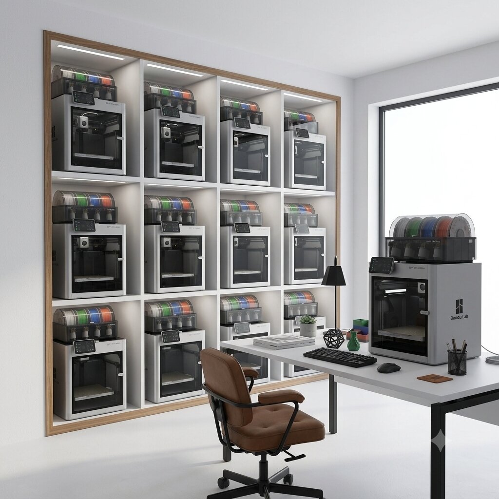 Regal mit mehreren 3D-Druckern